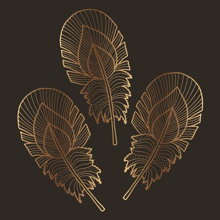 Vector golden feather. Line art with gold effect. Great for decoration, placement print, design.のイラスト素材