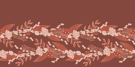 Vector floral border in pink and red. Simple doodle flowers and leaves molded into a decorative line. Great for invitations, decor, packaging, ribbon, greeting cards, stationary.のイラスト素材
