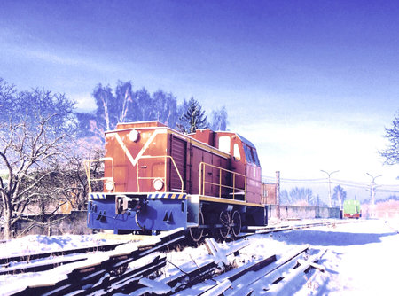 A locomotive at snow rails