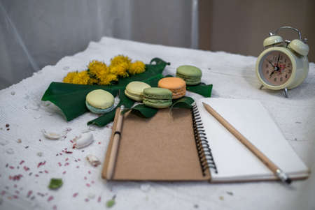 Crushed pastel, orange and green macaroons on a wood background with whole one in white plate with jug with flowers on the backの写真素材