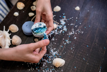 Sea style decoration of macaroons in concept of dreaming about sea travelの写真素材
