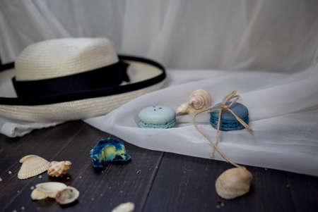 Sea style decoration of macaroons in concept of dreaming about sea travelの写真素材