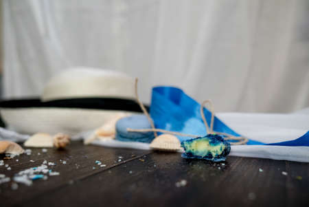 Sea style decoration of macaroons in concept of dreaming about sea travelの写真素材