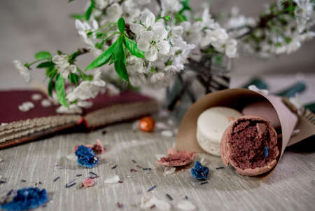 A book for notes with a pencil with hot cocoa in flower petals and crusshed macaroons on pastel backgroundの写真素材