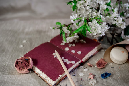 Red book with macaroonsの写真素材