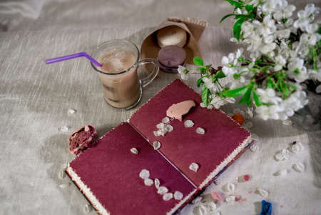 Red book with macaroonsの写真素材