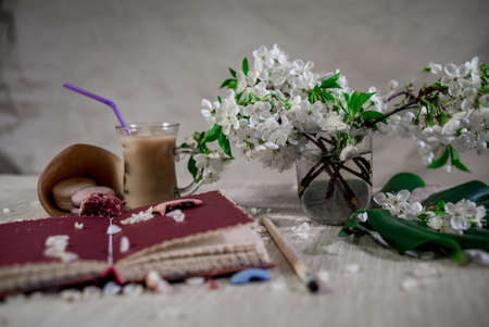 Red book with macaroonsの写真素材