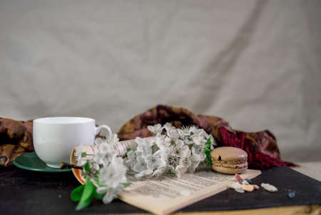 A cup of coffee on a white tray with branch of blossomed cherry and monstera leafの写真素材