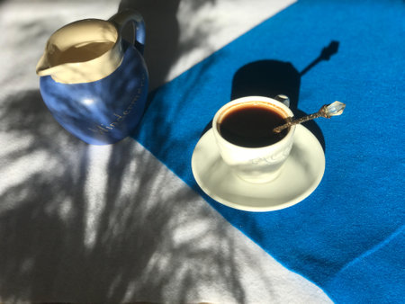 Coffee in a white cup with a spoon and small jug of milk on a blue and white background with dry wild grass shadowsの写真素材