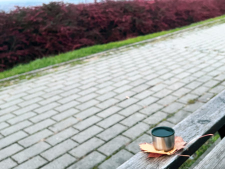 A cup of coffee on a bench in a park. Blurred background