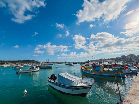 Fishing boats in the harbor of Marsaxlokk, Maltaの写真素材