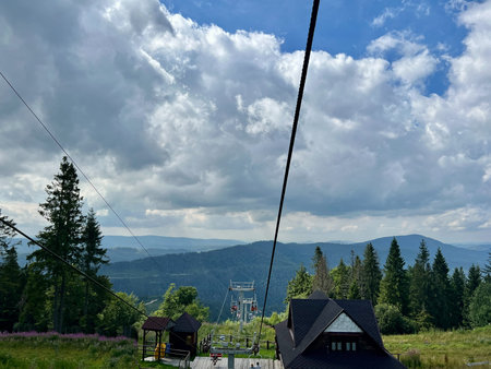 Cable car in the Carpathian mountains. Ukraine, Europe