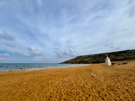 Beautiful sandy beach on the Coast of the island of Gozo, Malta. The Mediterranean Sea.の写真素材