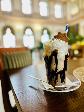 Iced coffee with whipped cream and chocolate on wooden table in cafe