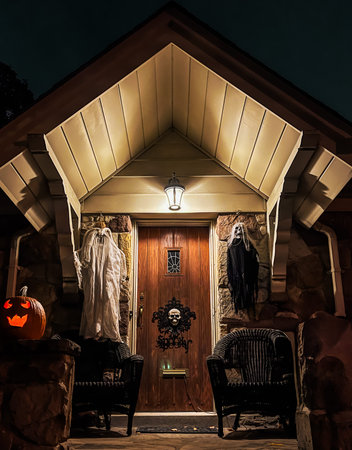 Halloween decorations at the entrance to a house with a scary face