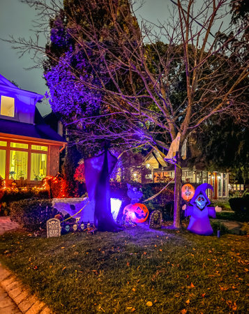 Halloween decorations in front of the house at night in Seattle, Washington.の写真素材