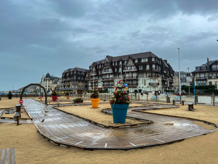 Tranquil View Of Trouville-sur-Mer Beach And Coastal Town In Normandy, France.の写真素材
