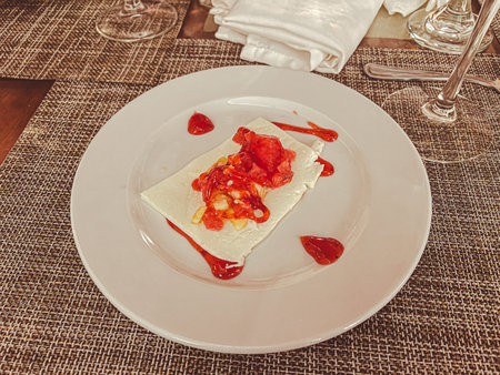 Crepes with strawberry sauce on a white plate