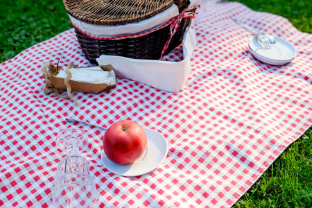 Picnic basket and apple on a red checkered tableclothの写真素材