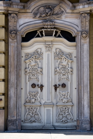 Beautiful carved white door in Wroclaw, Poland, Europe のeditorial素材