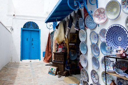 Market traditional souvenirs on the streets of Sidi Bou Said, Tunisiaのeditorial素材