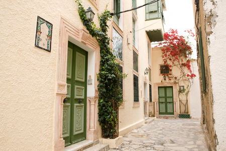 Street with wooden doors and bush with flowers in Mahdia. Tunisia. Africa.のeditorial素材