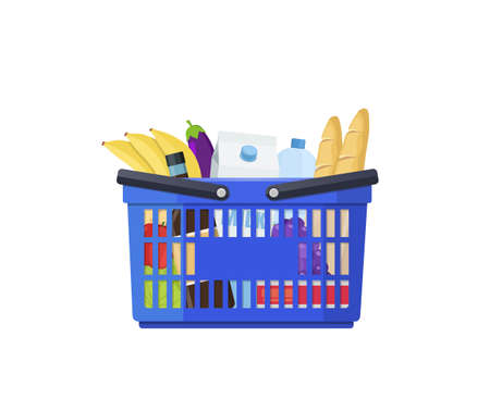 Blue shopping basket with vegetables and fruits supplies in flat styleのイラスト素材