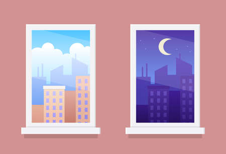 windows with day and night city landscapesのイラスト素材