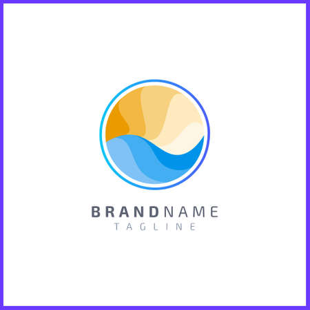 Ocean waves with sun in circle with flat color. Simple and modern logo designのイラスト素材