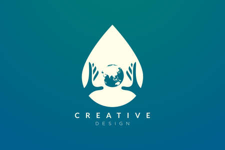The combined design of water droplet, globe and hand. Minimalist and simple vector illustration of a logo and iconのイラスト素材