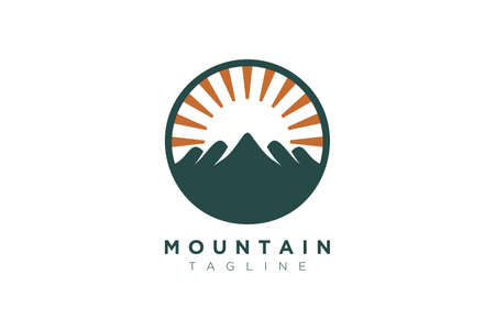Vector design of the mountain and the sun in a minimalist and simple shape in a circleのイラスト素材