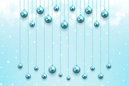 Winter celebration background with snow and glowing blue balls ornament for merry christmas holiday decemberのイラスト素材