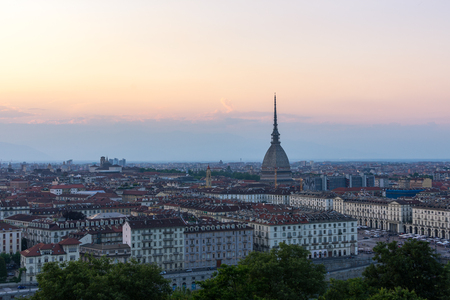 View at the sunset of Turin from Monte dei Cappucciniの写真素材