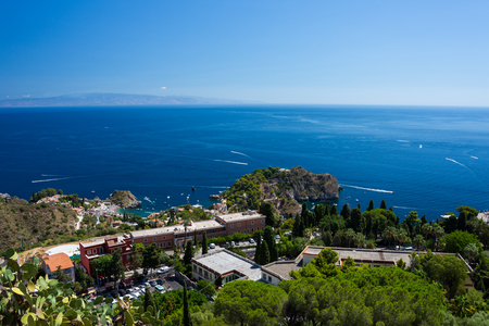 panorama of the coast of Ionian sea from greek theater in Taormina  in a summer day,sicily ,Italyのeditorial素材