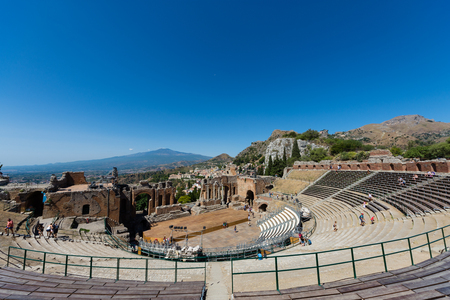 Greek theater in Taormina with the Etna volcano in the background, Sicily, Italyのeditorial素材