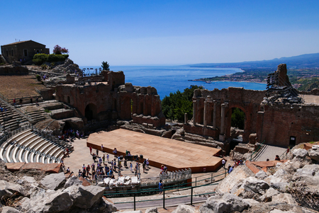 Greek theater in Taormina with the Etna volcano in the background, Sicily, Italyのeditorial素材
