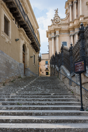 Ragusa Ibla - August,18, 2017: Stairs on left side St. George church in Ragusa Ibla,Sicily,Italyのeditorial素材