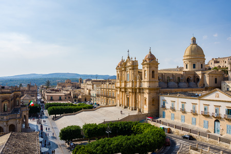 View of the baroque cathedral, town hall and the main street of Noto, Sicilyのeditorial素材