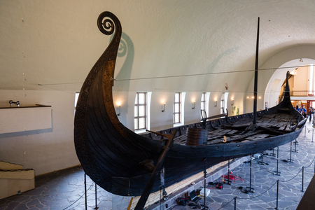 OSLO, NORWAY - APRIL 26, 2018: Viking ship (drakkar) in vikings museum in Oslo, Norwayのeditorial素材