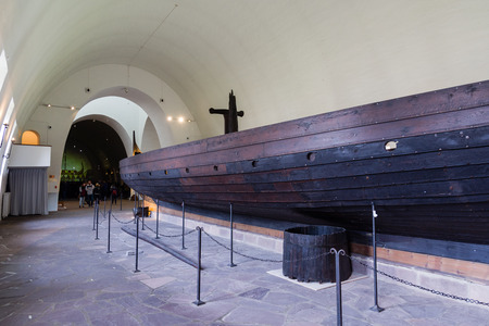 OSLO, NORWAY - APRIL 26, 2018: Viking ship (drakkar) in vikings museum in Oslo, Norwayのeditorial素材