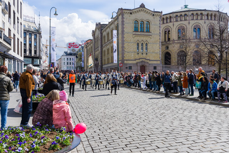 OSLO, NORWAY 28 APRIL 2018:   Musical bands parade through the streets of Oslo, Norwayのeditorial素材