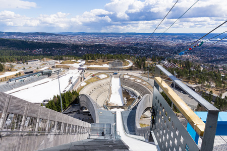 OSLO, NORWAY - APRIL 26, 2018: Holmenkollbakken is a large ski jumping hill located at Holmenkollen in Oslo, Norway.のeditorial素材