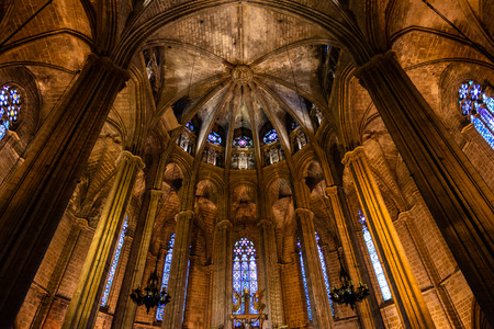 The Cathedral of Barcelona, detail of the lightful choir in typical gothic style with elegant glass windows. Barri Gotic, Barcelona. Spain.のeditorial素材