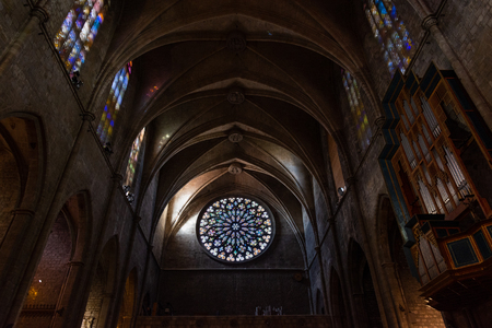 Esglesia de Santa Maria del PI, detail of the magnificent rose window and the pipe organ on the side. Barcelona, Spain.のeditorial素材
