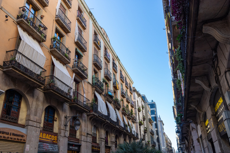 Barcelona, Spain - November 03, 2018:  Narrow ancient city street in  Barcelona. Spain.のeditorial素材