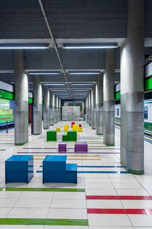 Milan, Italy - April 13, 2013: The colored quay of the green metro station Line 2 Porta Garibaldi, Milanのeditorial素材