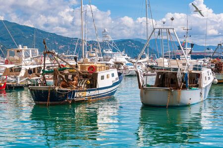 Santa Margherita Ligure, Italy - September 14 2013: Fishing boats moored at the port of Santa Margherita Ligure on a sunny day, Italyのeditorial素材