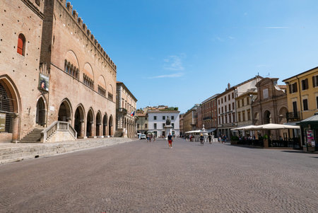 RIMINI - 7 AUGUST 2018: Tourists walking  on Cavour square in Rimini, Italy