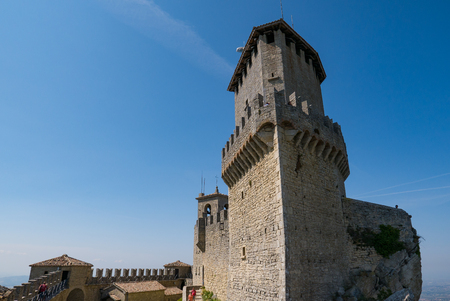 SAN MARINO, REPUBLIC OF SAN MARINO - 6 AUGUST 2018: Tourists visit the fortress known as Guaita or Rocca in San Marinoのeditorial素材