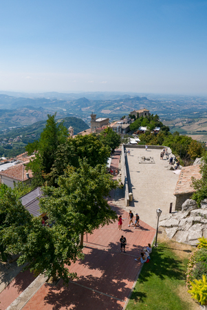 Panoramic view of San Marino seen from first tower known as Guaita in a summer day.のeditorial素材